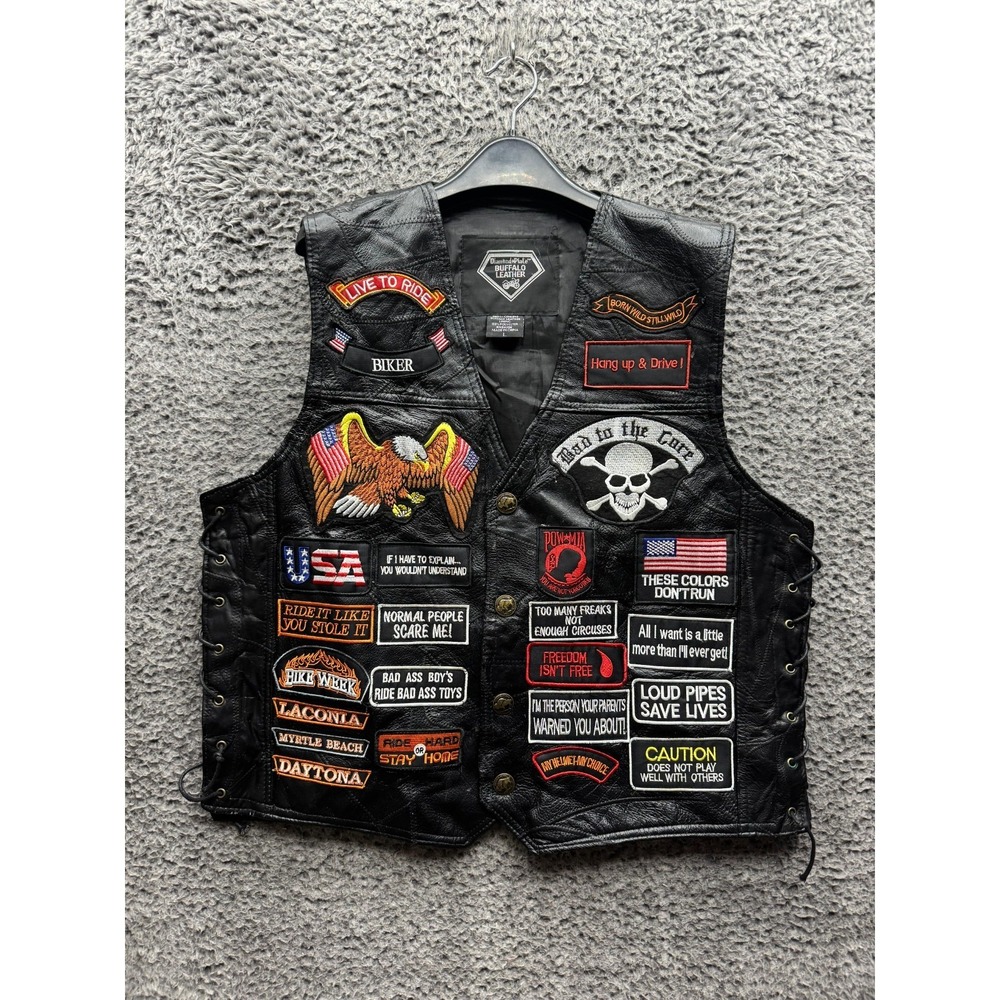 Diamond Plate Genuine Buffalo Leather Patches Biker Vest Black Mens Size L